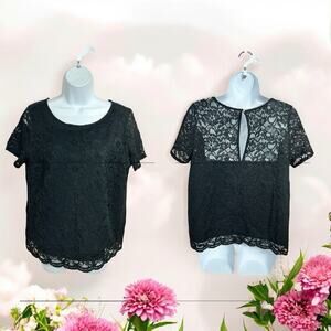 Forever 21 Black Lace Blouse Sz M Short Sleeve Top Lined Short Sleeve